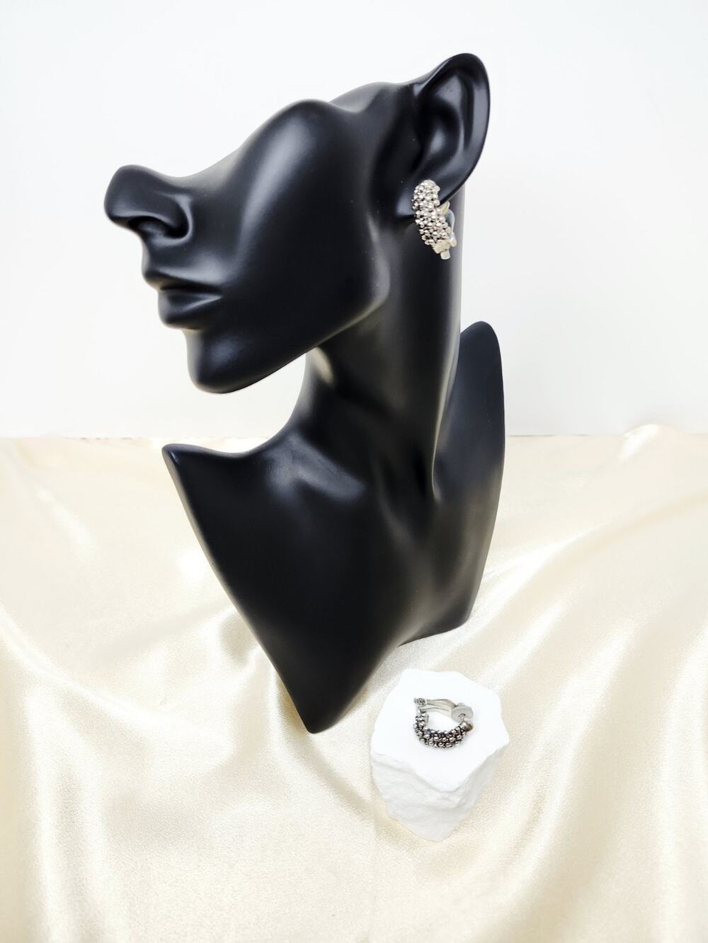 Vintage Silver Tone Caviar Bead Half Heart Huggie Clip On Earrings 1" USA
